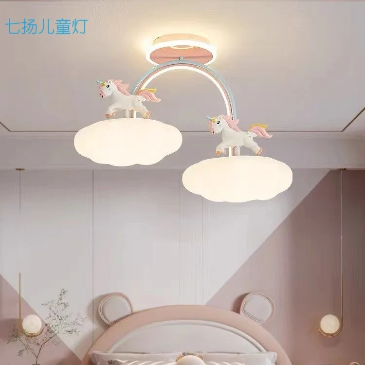 Adorable Unicorn Ceiling Light with Full Spectrum Protection for Kids Room, Warm Cartoon Cloud Princess Lamp Eyecare Pendant