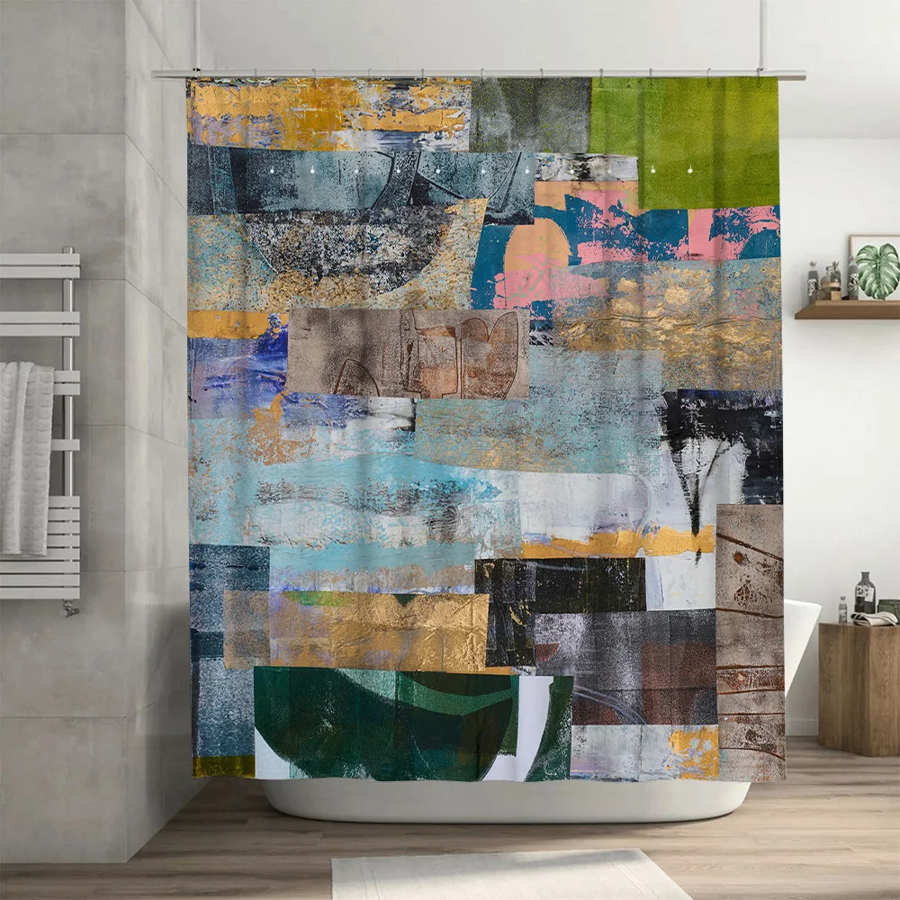 Modern Abstract Print Shower Curtain Fabric Waterproof Decor Home Bathroom Wall Hanging Rectangular Size Customizable Blue Green