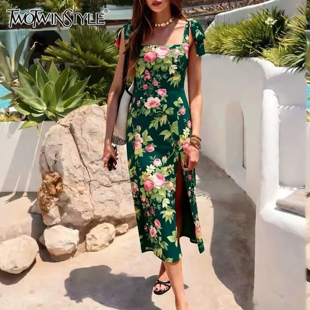 TWOTWINSTYLE French Retro Floral Print Maix Dresses for Women Square Collar Bow Strap Slimming Slit Design for Beach Vacations