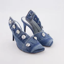 FHC 2024 nuove donne sandali in Denim con tacco alto, rivetti in metallo scarpe estive, schiena scavata, punta quadrata, taglia grande 34-44, blu, Dropship