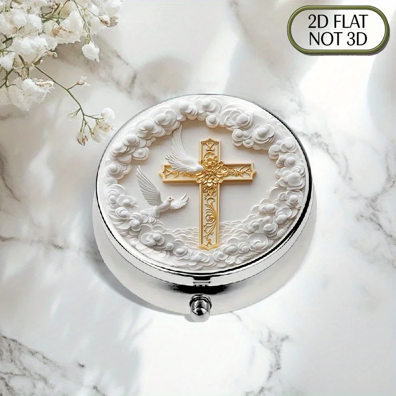 A flat, portable, round metal pill box, adorned with a golden cross surrounded by clouds and a meticulously carved religious dove motif, is designed for daily medication storage, perfectly protecting vitamins and keeping them safe and organized. It is a thoughtful gift choice, flat design