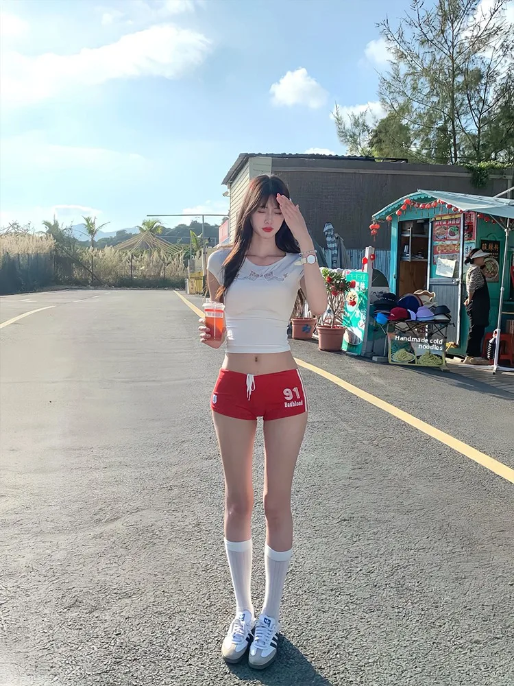 Cseta de Manga Corta con Encaje Dulce y Picante Estilo Americano para Mujer, Top Corto Ajustado con Lazo de Mariposa y Dis...