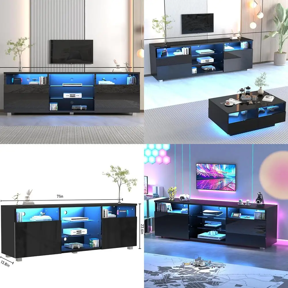 Modern LED-lit TV Stand for 75-80 Inch TVs, High Gloss Media Console with Drawer, Center Table for Entertainment