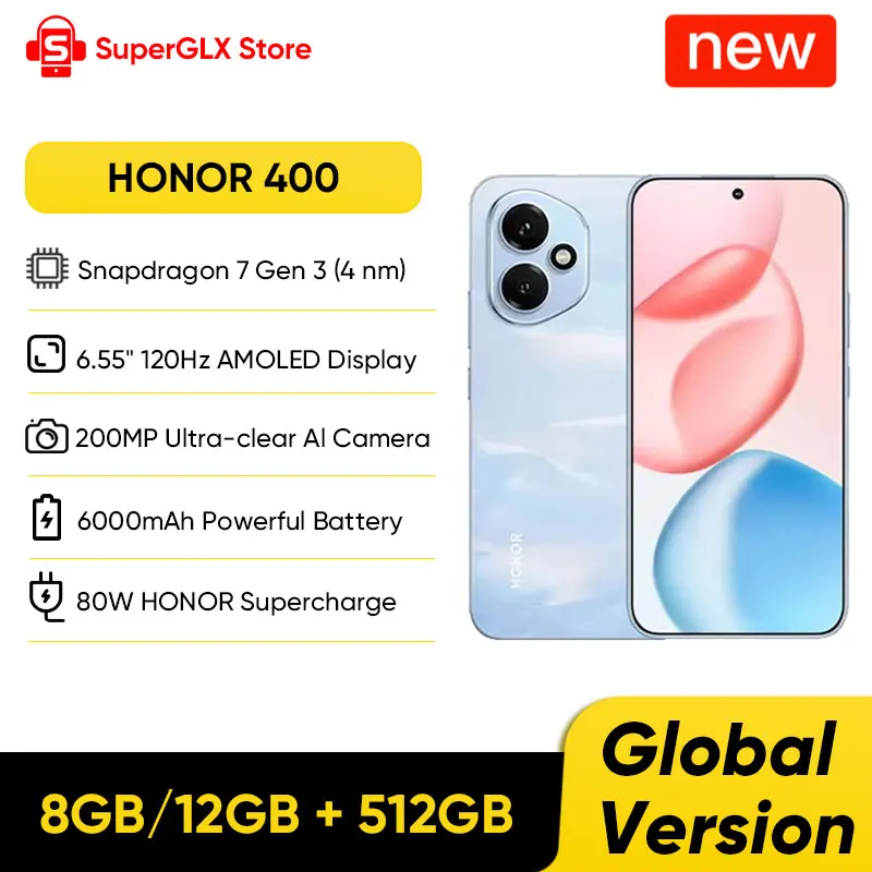 Original New Global Version HONOR 400 5G Smartphone Snapdragon 7 Gen 3  6.55" 120Hz AMOLED Display 200MP 6000mAh 80W SuperCharge