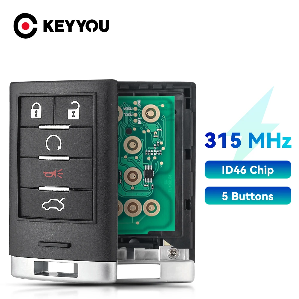 

KEYYOU 315MHz ID46 Chip M3N5WY7777A Keyless Smart 5 Buttons Car Remote Key Fob For Cadillac CTS 2008-2015 STS 2008-2011 SLS