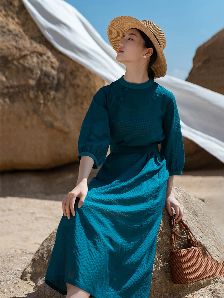 

Original Salt Sinkage Chinese Sle Dr Women's Bubble Sve Silk Dr Stand Collar Lantern Sve Long A-Line Dr