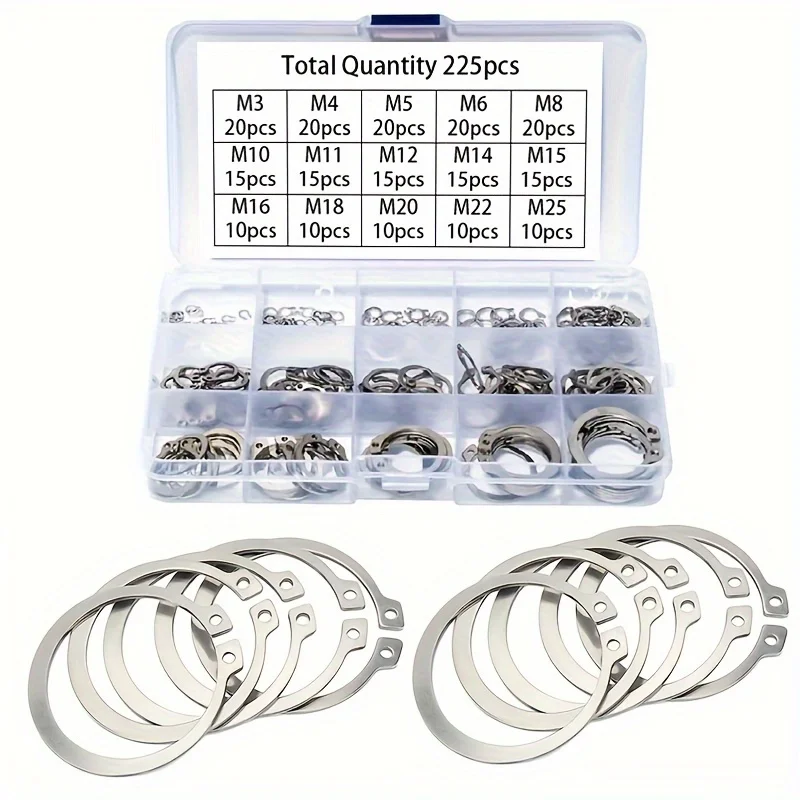 225pcs Stainless Steel Shaft Retaining Rings, Shaft External Retaining Rings, Snap Rings, Bearing Snap Springs