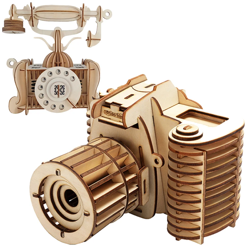 The Camera 3D Wooden Puzzle Old-Fashioned Phone Model DIY Building Kits Wood Jigsaw Toys For Children Girls Home Room Decoration