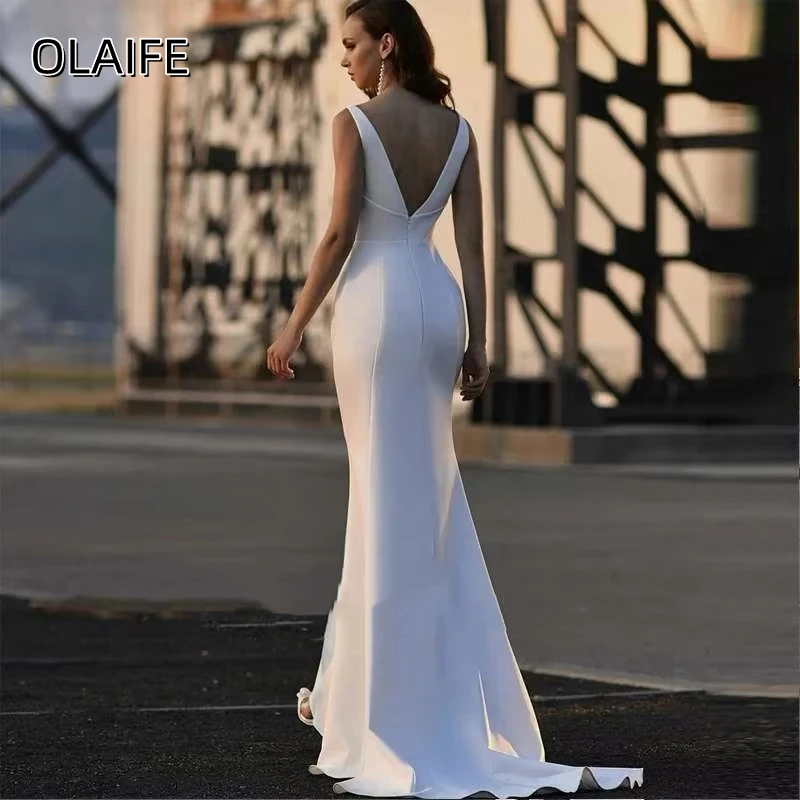 Olaife Simple Mermaid Wedding Dresses Sleeveless Backless V-Neck Satin Bridal Gown Sweep Train Vestidos De Novia