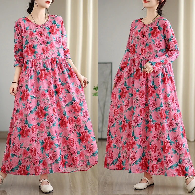 Frühherbst Blumendruck Vaion Sle Travel rund Ne Retro Lang Dr Baumwolle Leinen Material Roter langer Rock Lässig Süß...