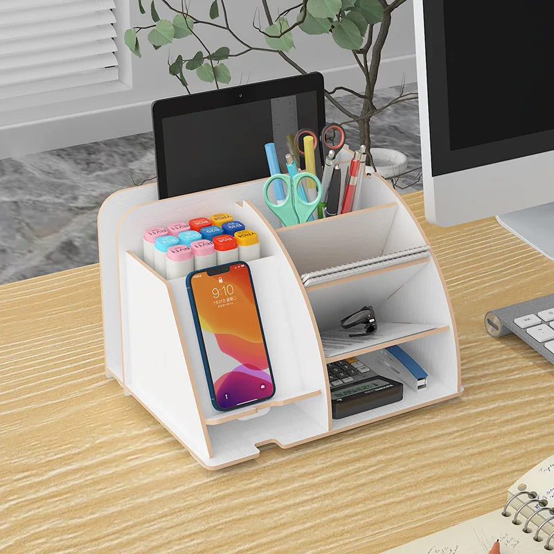 Multi Grid Mark Pen Holder Wooden Storage Box Home Office DIY Desk Sundry Organizer Multi-Compartment Storage Rack With Drawer