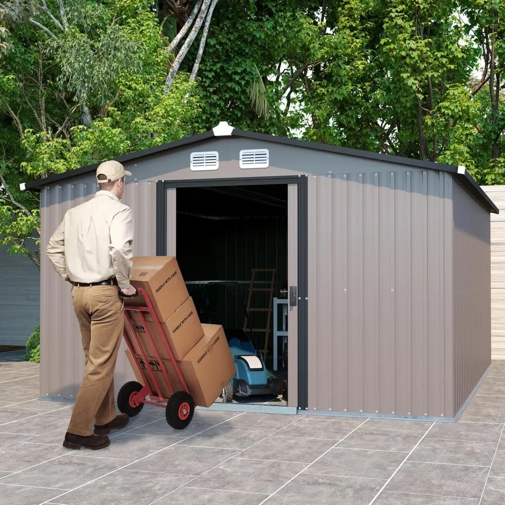 

12 X 10 FT Outdoor Storage Shed, Metal Garden Shed With 2 Lockable Sliding Doors, Large Tool Shed