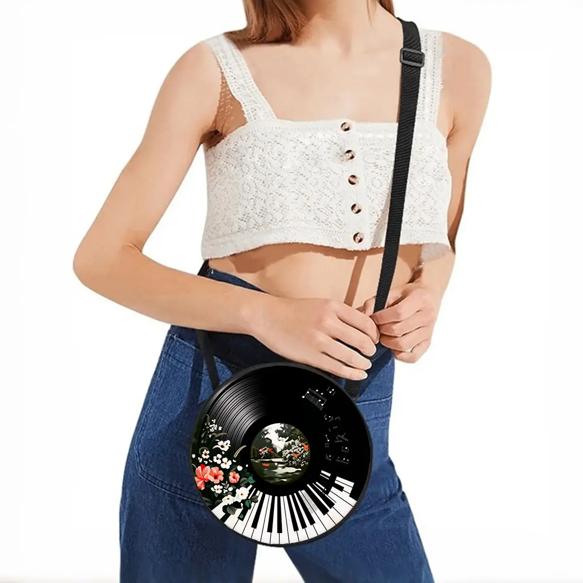 Record Print Round Shoulder Bag Casual Messenger Bag for Woman Best Gifts 2D Flat Casual Daily Crossbody Bag view 6
