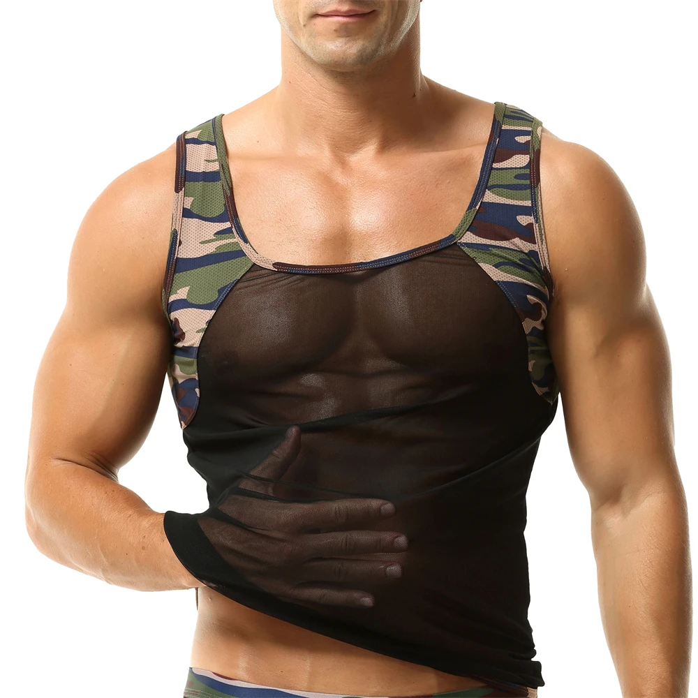 섹시한 남성 언더 셔츠 위장 시스루 메쉬 민소매 티셔츠 통기성 스포츠 조끼 남성 라운지 탱크 탑 쉬어 탑