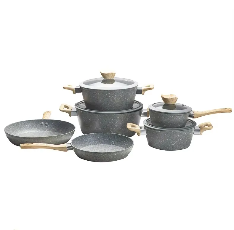 Non-stick 4-Piece Granite Coated Cooking Pots & Pans with Borosilicate Glass Lids for Induction Gas Stoves Home Daily Cooking