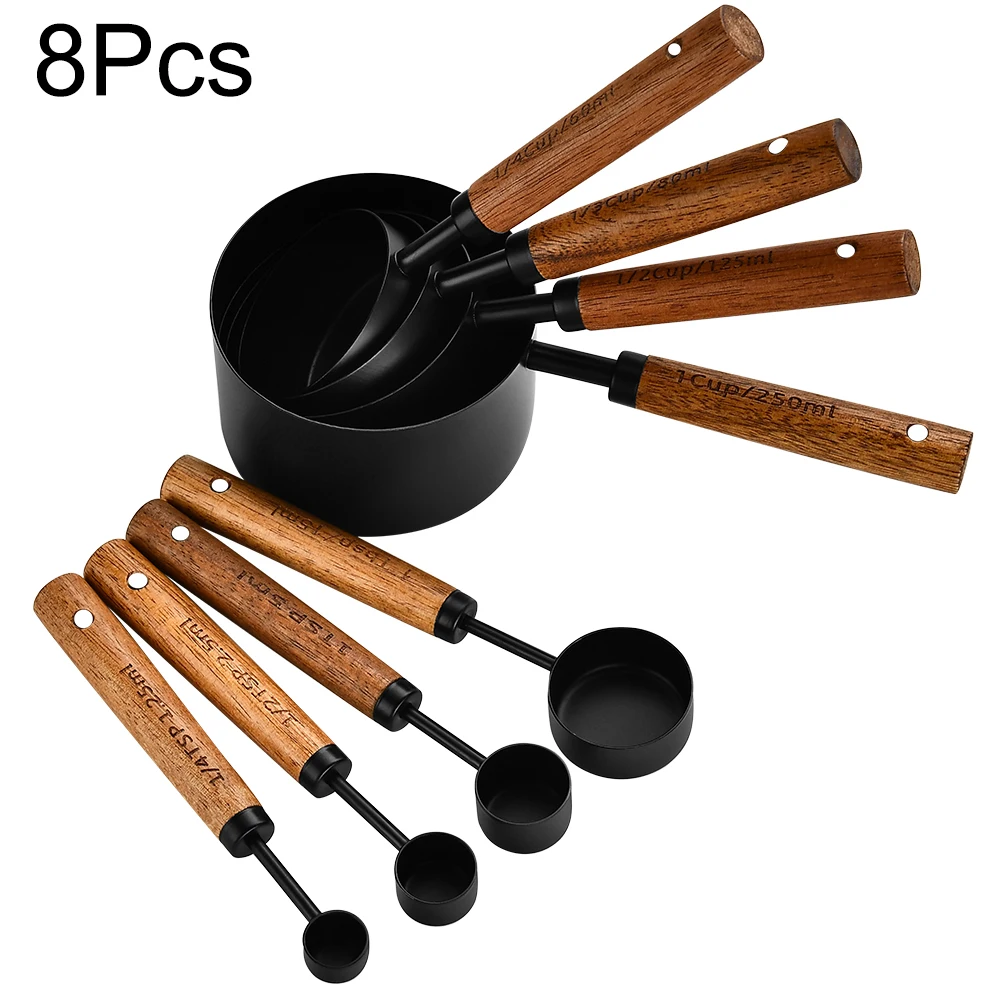 8Pcs Measuring Cup Spoon Sets Stainless Steel Wooden Handle Coffee Flour Scoop Bartending Scale Kitchen Cooking Gadget Sets