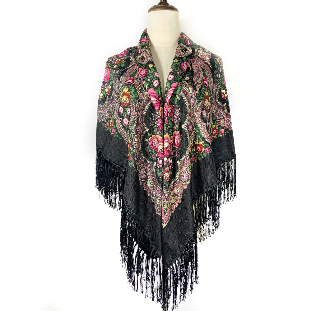 135*135cm Russian Floral Printed Square Scarf Women Ethnic Fringed Bandana Shawl Babushka Handkerchief Blanket Head Wraps