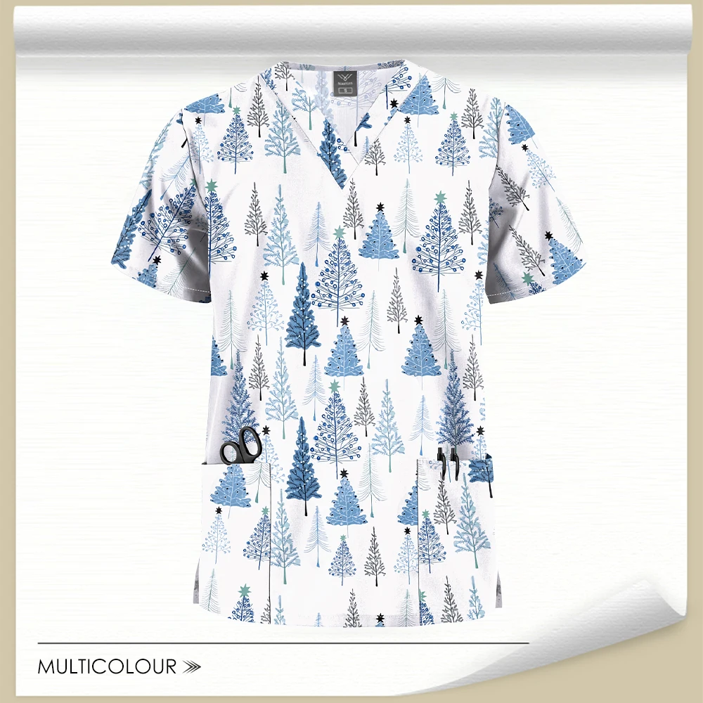 Stretch Cute Cartoon Print Nurse Uniforms Women Men T-shirts Pocket Casual Short Sleeve Pullover V-neck Scrubs Tops Lab Workwear view 4