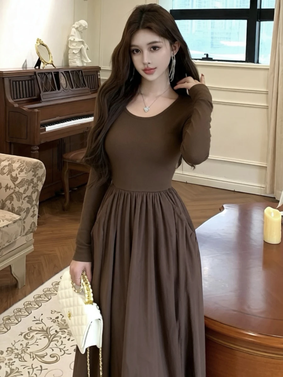 Autumn Winter Fashion Long Sleeve Drawstring Pocket Waist Cinched Loose Fit Dress High Waist Polyester Fiber Casual Dress