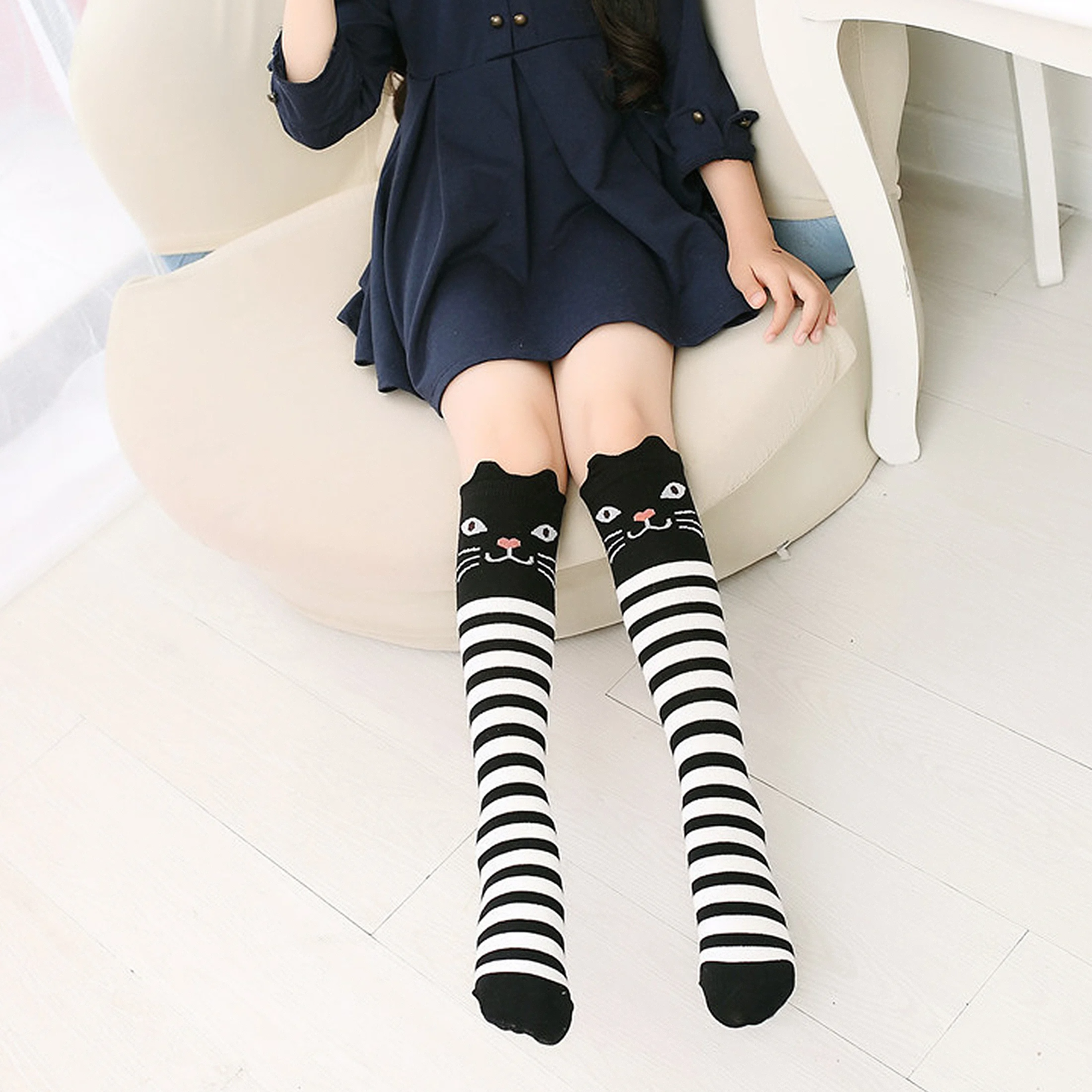 2 Pairs of Cute Little Cat Striped Knee-High Socks for Girls, Soft and Comfortable Over-The-Knee Calf Socks for Casual Daily Life