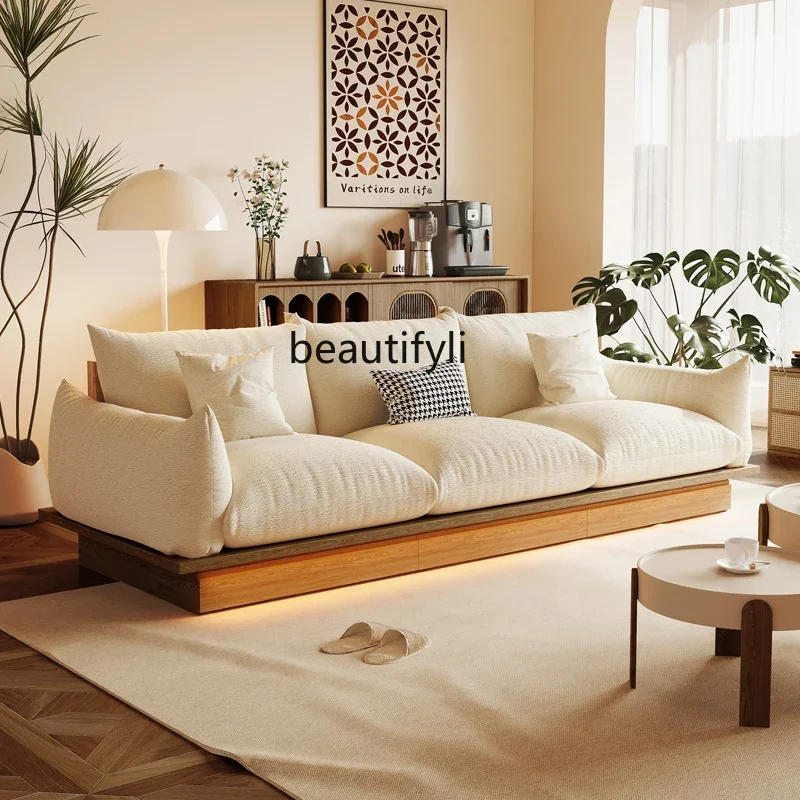 

07Japanese Style Log Style Fabric Sofa Cream Living Room Solid Wood Frame Nordic Straight Row
