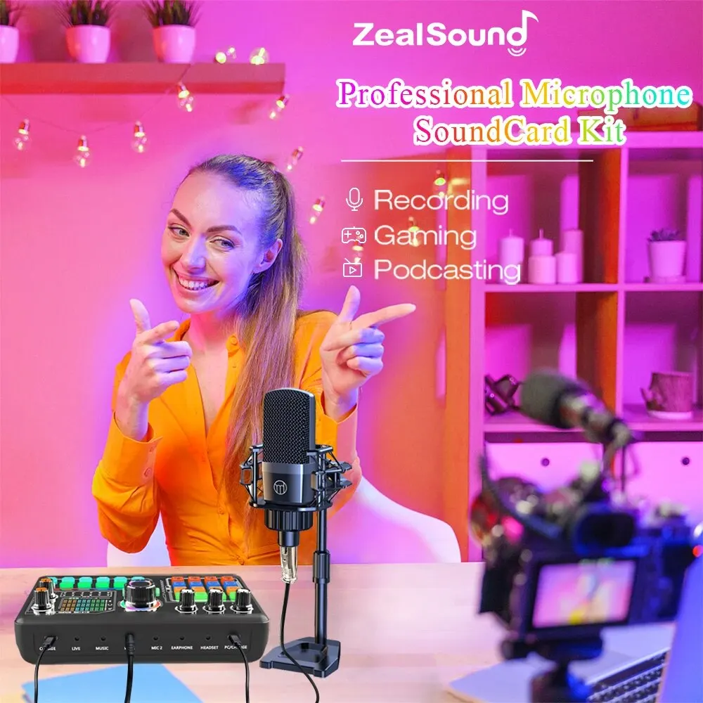 Zealsound 전문 팟캐스트 마이크 사운드 카드 키트, PC 스마트폰 노트북 컴퓨터 브이로그 녹음 라이브 스트리밍 유튜브용