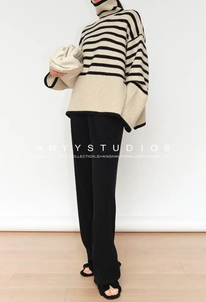 New Autumn/Winter Fashion Loose Long Sleeved Striped High Neck Knitted Sweater For Women,6 Colors