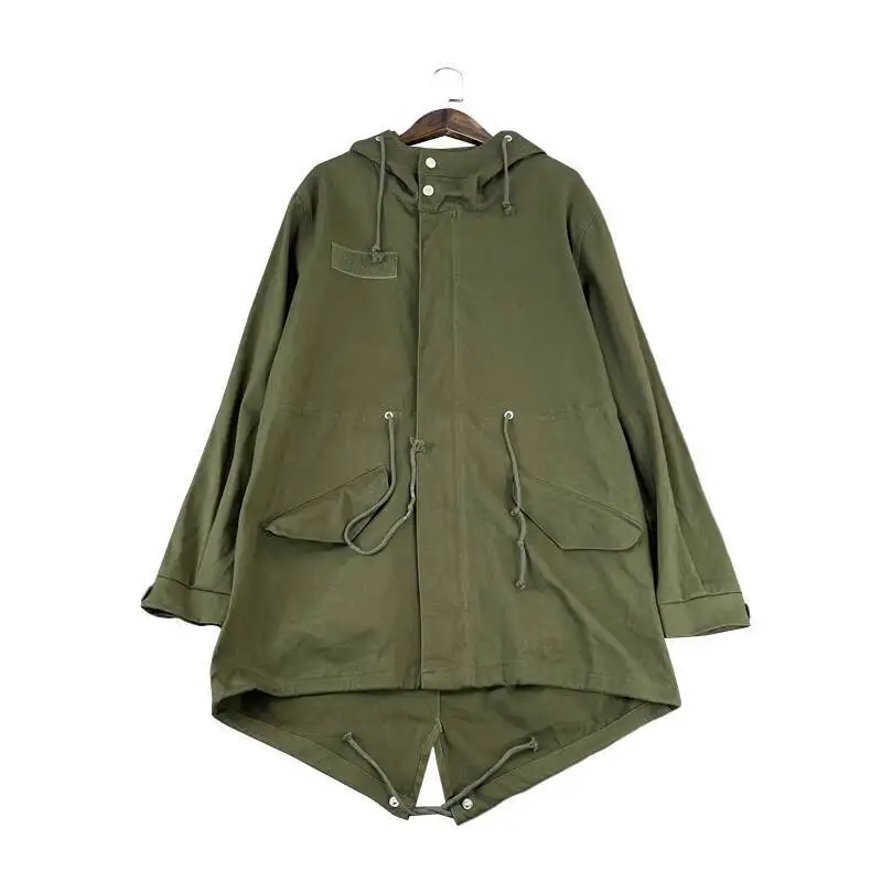 Men's Autumn Retro Cargo Style Loose Mid-Length Trench Coat  Japanese Design Cotton Hooded with Drawstring Waist