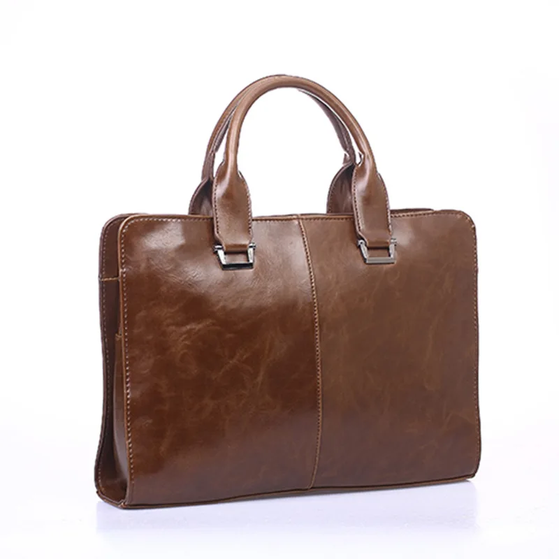 Men's hand-held horizontal square briefcase, retro commuter tote bag, large-capacity 14-inch computer bag