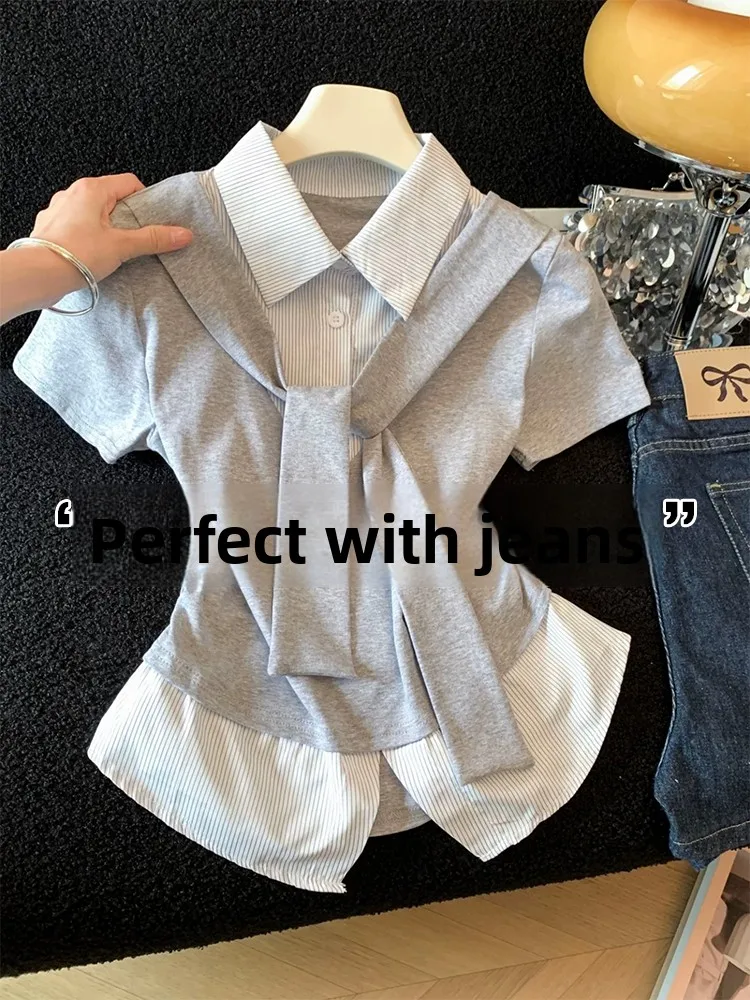 

Slimming Effect Short Sleeve Pleated Waist Design Striped Shirt Women's Summer Fashion Korean Style Button up Casual Top