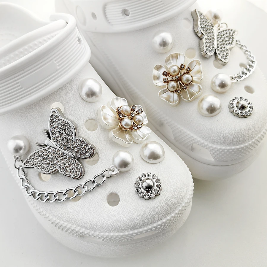 12pcs Butterfly Flower Pearl Chain Detachable Charms Shoes Pins Decoration For Clogs Sandals Party Gift Girls Women
