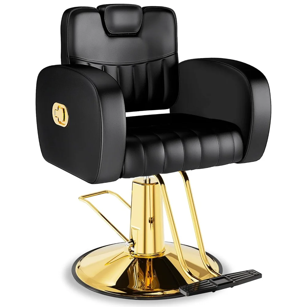 Black & Gold All-Purpose Hydraulic Reclining Barber Chair, Comfortable Design With Removable Headrest, Custom