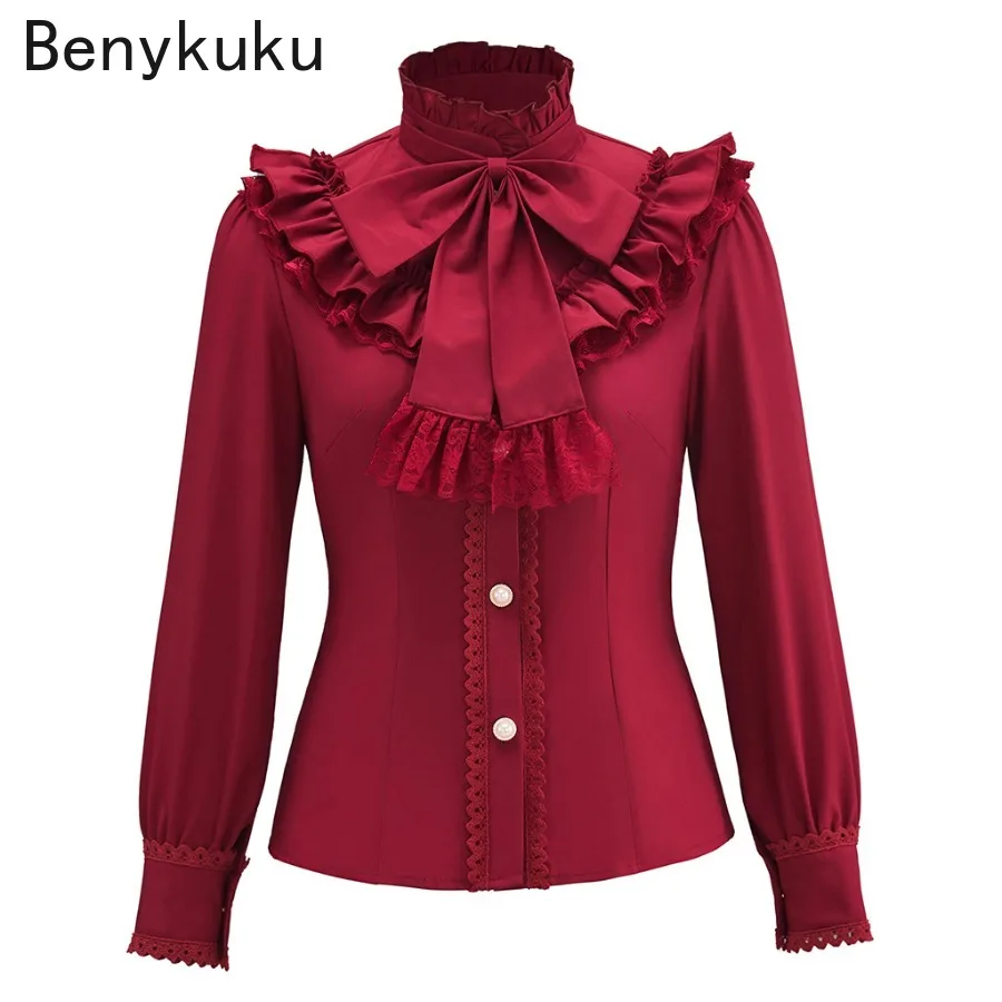 

Red Bow Tie Victorian Blouse for Women Gothic Style Shirt Elegant Button Up Retro Long Sleeve Vintage Lolita Lotus Pleated Top.