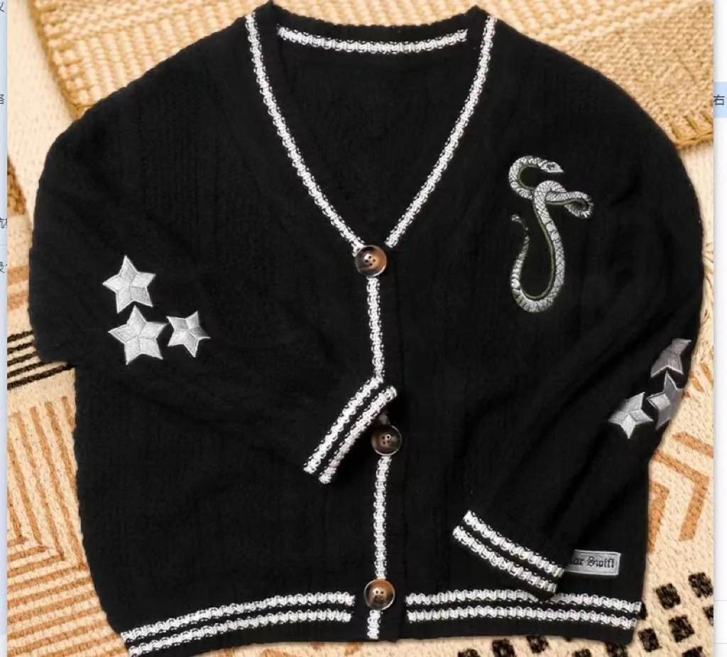 V-neck Star Embroidered Long Sleeved Single Breasted Loose Casual Women Sweater Jacket Spring New All Match Knitted Cardigan