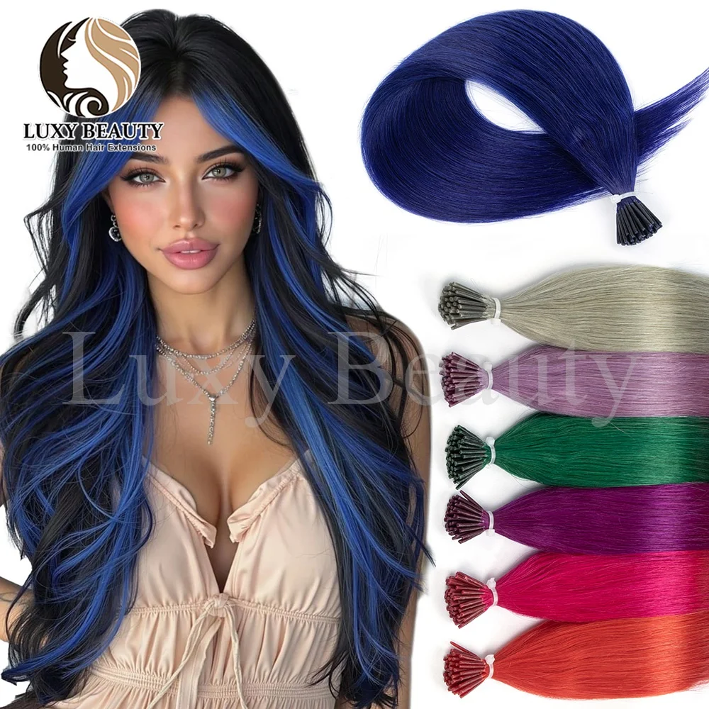 Colored Blue I Tip Human Hair Extensions Straight Microlink Micro Ring Hair Extensions Pink Purple Green Micro Bead Human Hair