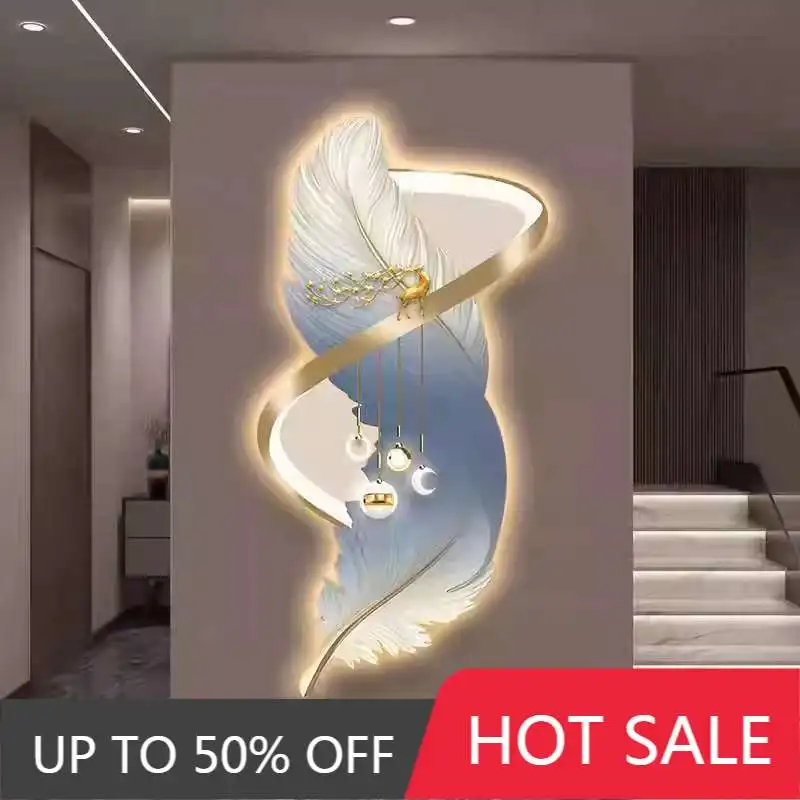 Feather decoration painting, luxurious high-end entrance corridor, corridor mural, vertical version mural, LED light painting