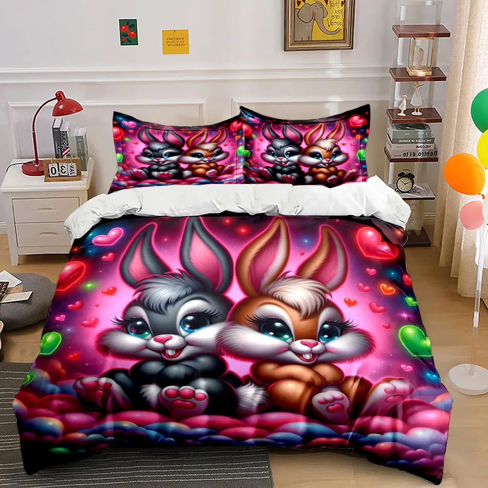 Cute rabbits with colorful heart Print Bedding Set 1 Duvet Cover 2 Pillowcases for Adult and Children Luxury Gift Full Size