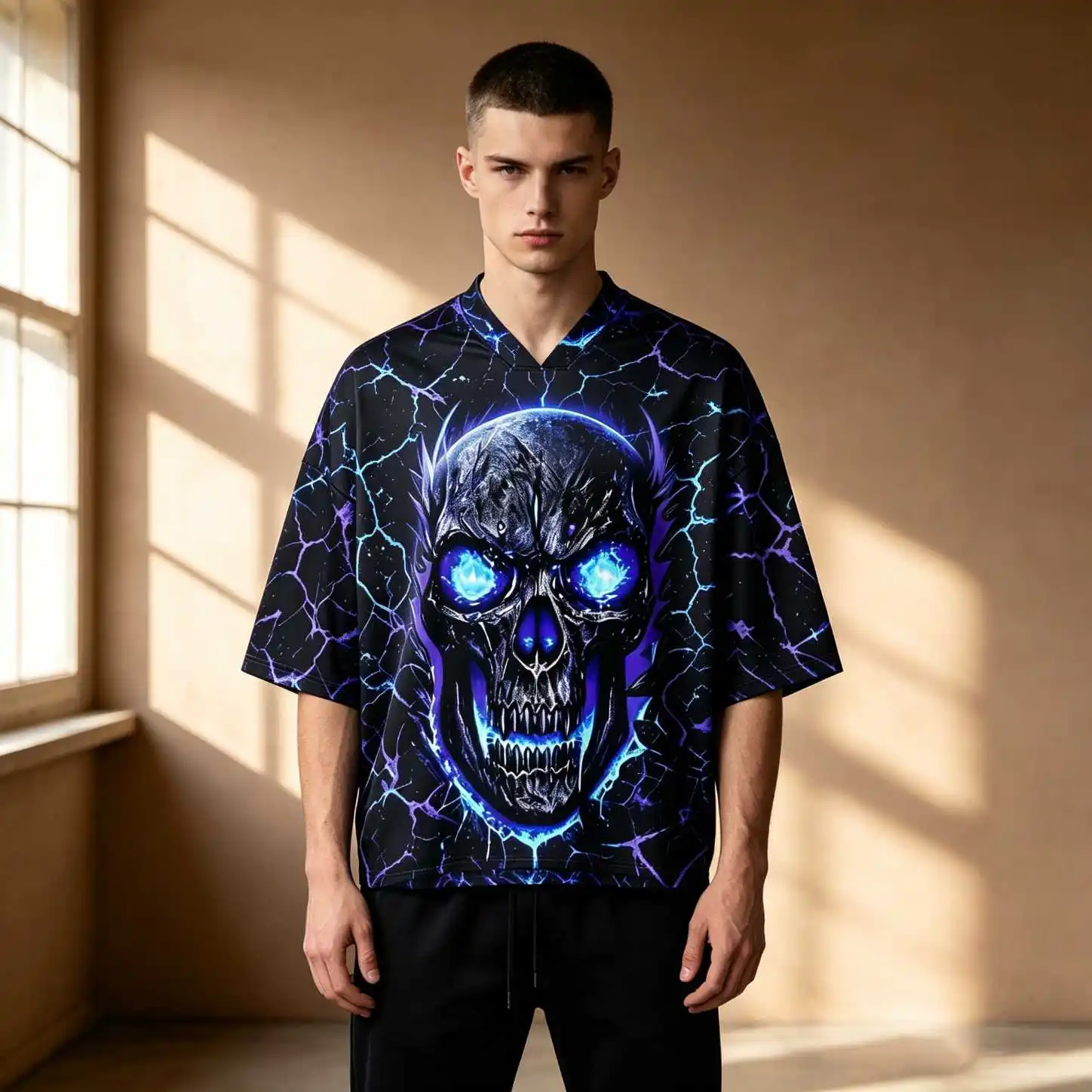 Oversized V Neck Elbow Sleeve Neon Glow Skull Print Tee, Dark Streetwear Men Casual Summer Loose Fit