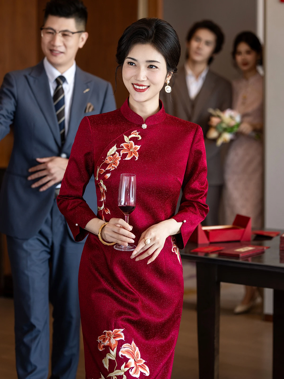 

Red Embroidered Wedding Dr Gown for Mother-In-Law Spring Carp Wedding Banquet Ceremony Ele Mid-Length Skirt