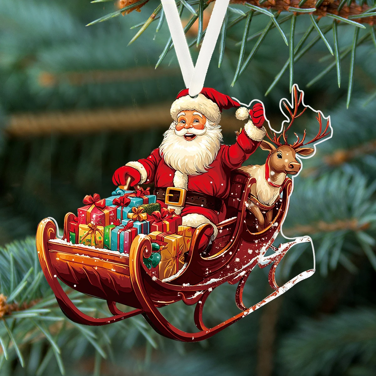 Christmas Santa Claus Pendant Ornaments Acrylic Elk Sleigh Xmas Tree Hanging Ornaments for Home Christmas Party Decorations