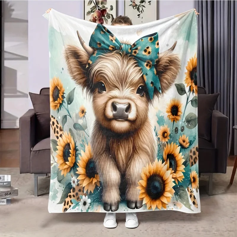1 Stück Sonnenblumen-Flanelldecke mit süßer Hochlandkuh – bequemer Überwurf aus weichem Polyester für Bett, Sofa und Büro