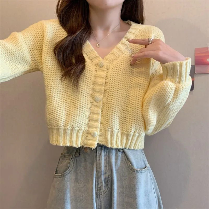 Xpqbb Cropped V-neck Sweater Cardigan Women Sweet Button Up Casual Solid Knitting Sweater Coat Female Autumn New Wild Knit Top