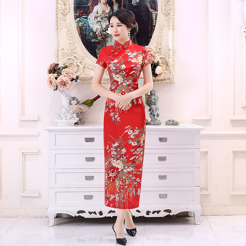 

Women Spring Summer Chinese Traditional Silk Dress Flower Print Short Sleeve Cheongsam Tight Dress Weddings Ladies Dress