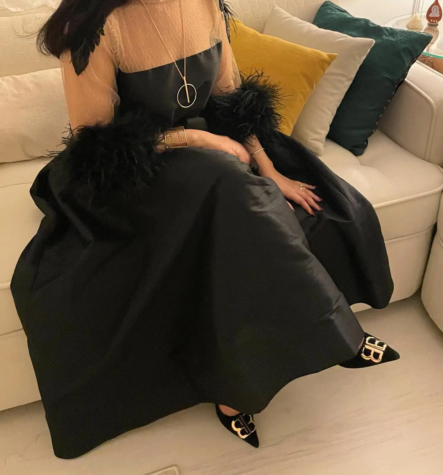 Gaun Malam Kustom Gaun Prom Lengan 3/4 Bulu Sendok Jersey Indah Gaun Pesta Panjang Pergelangan Kaki Sabuk A-Line Klasik