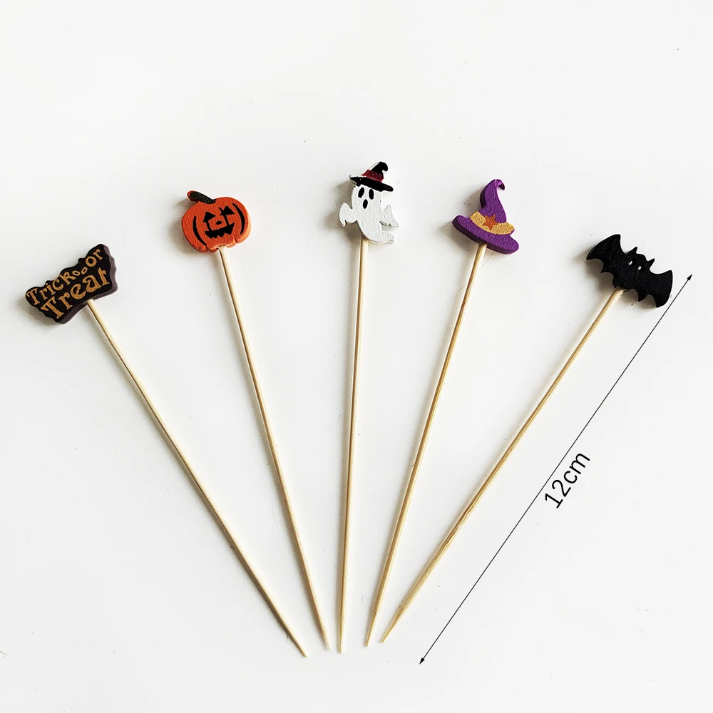 100 Stück Halloween Einweg-Bambusspieße Kürbis-Obstgabel Buffet Dessert Cocktail-Sticks Weihnachts-Schneedeckoration 2026 – Detail 2