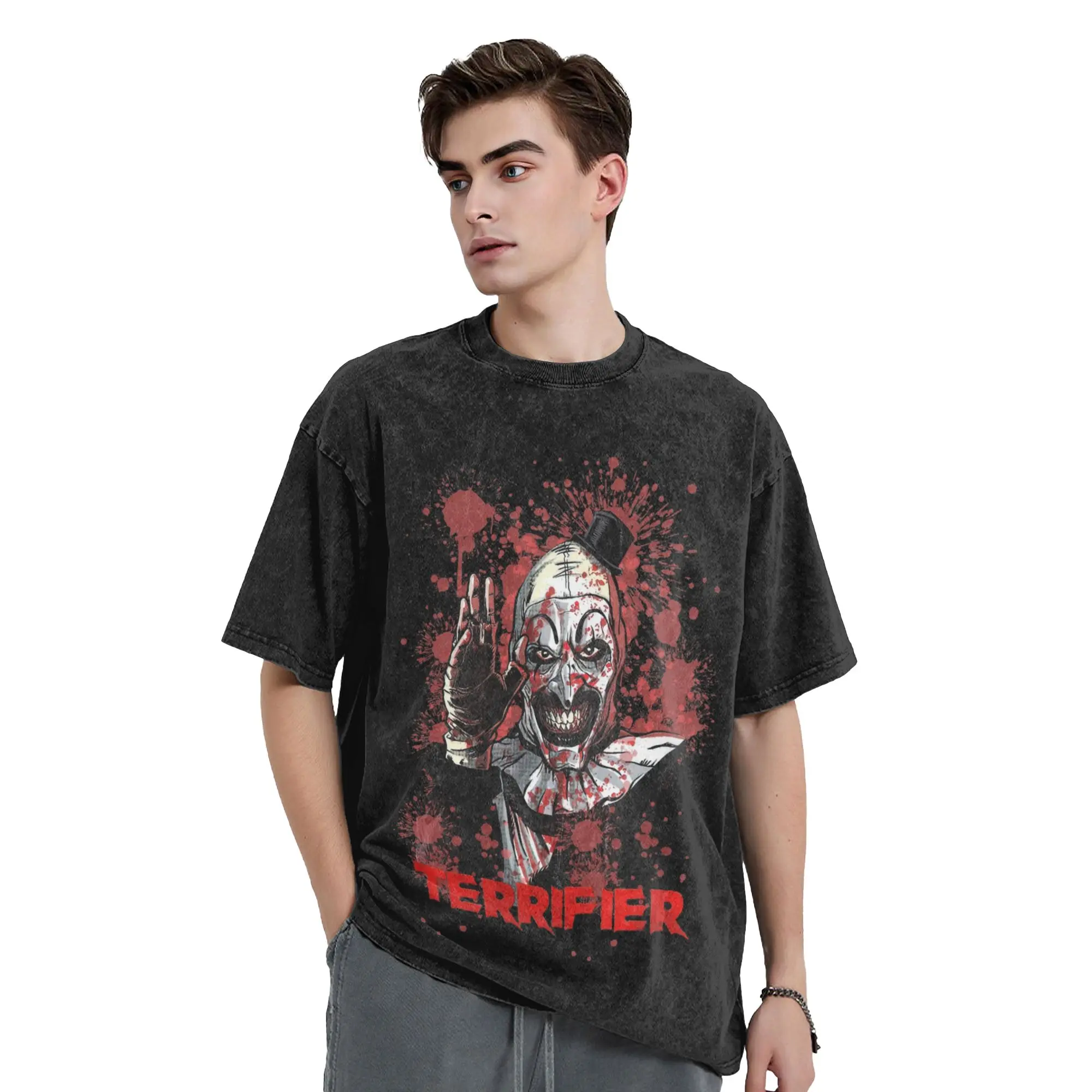 Terrifier Horror Art The Clown Washed T Shirt Streetwear Hip Hop Vintage T-Shirt  Tee Shirt for Men Women Oversize Graphic