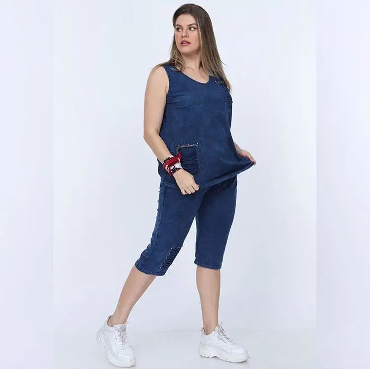 Diaves-Conjunto de traje de talla grande para mujer, Capri deportivo informal, sin mangas, de calidad turca