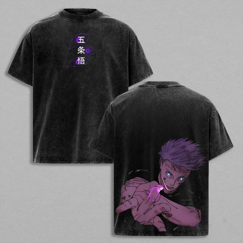 Gojo Satoru Print T-shirt Anime Jujutsu Kaisen Clothing Men Women Casual Tshirts Retro Washed T Shirt Harajuku Male Cotton Tops