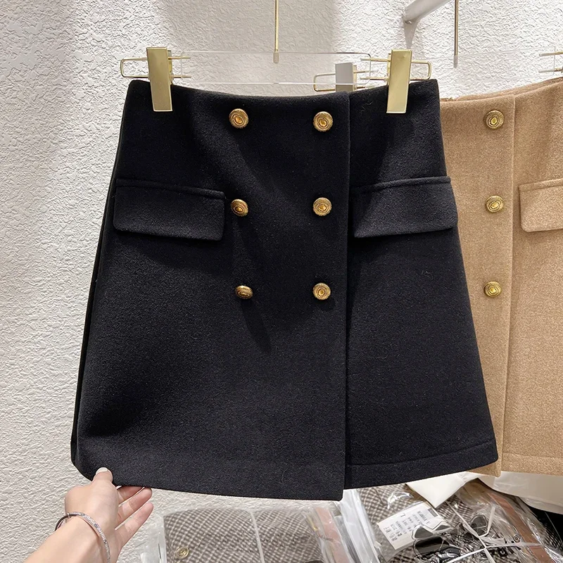 Double Breast Wool Short Skirt Thick High Waist A Line Slim Skirt Women 2024 Winter Korean Fashion Office Ladies Elegant