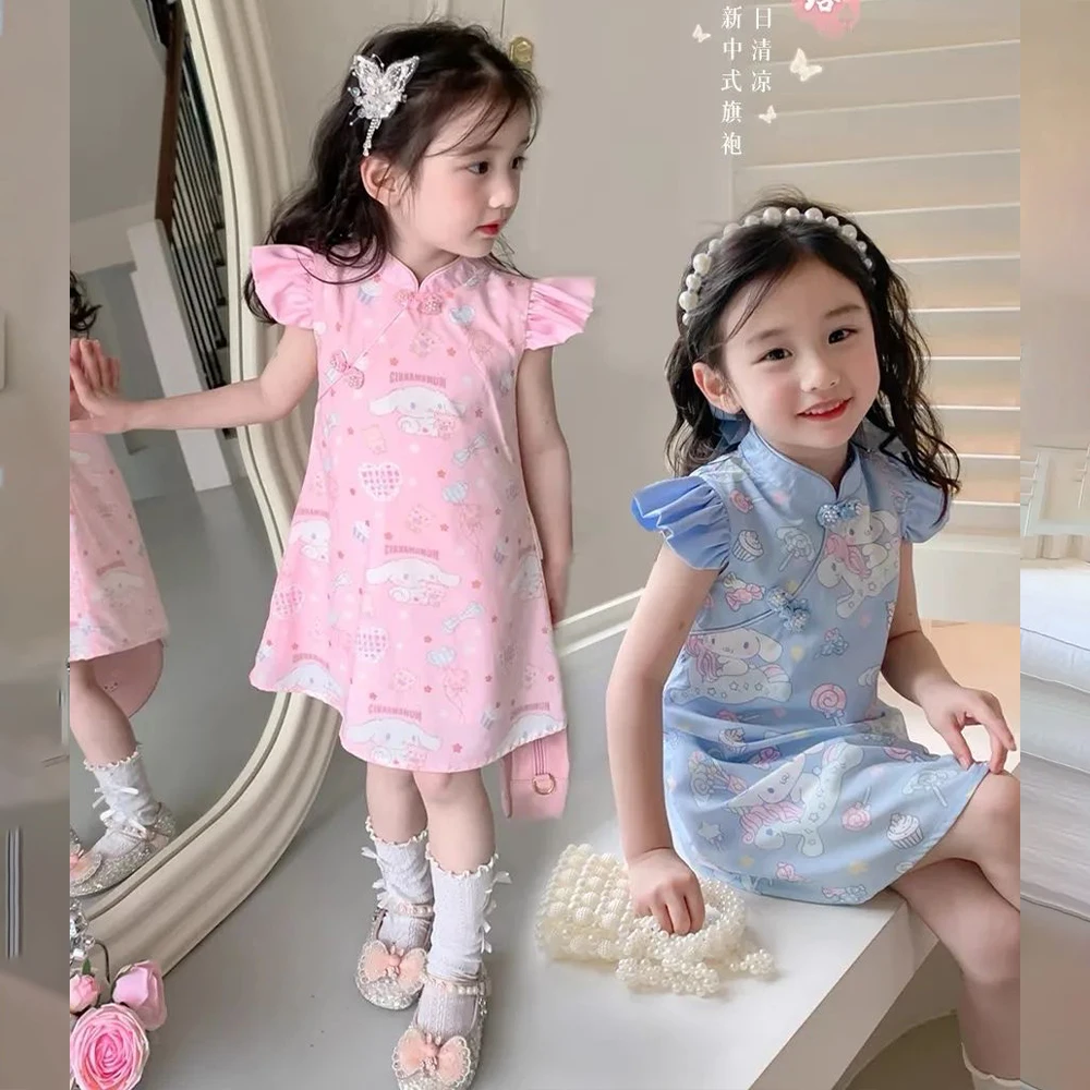 Sanrios Anime Kids Dress Girls Cinnamoroll Cheongsam Hanfu Flying Sleeve Dress Kids Tangsuit Children Party Outfits Kids Dress